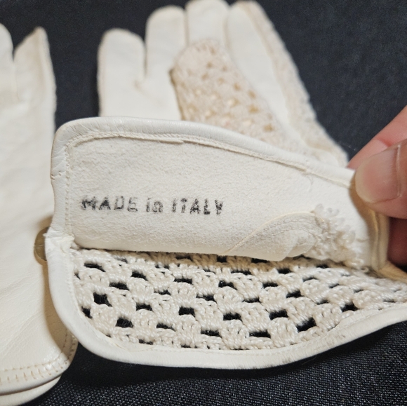 50s 60s Grandoe Leather & Crochet Cream Cottagecore Gloves Made in Itlay - Picture 14 of 15